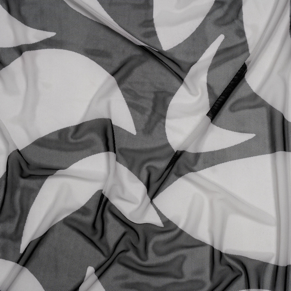 Stretch Polyester Mesh Print - Ivory and Black Abstract - Designer Deadstock