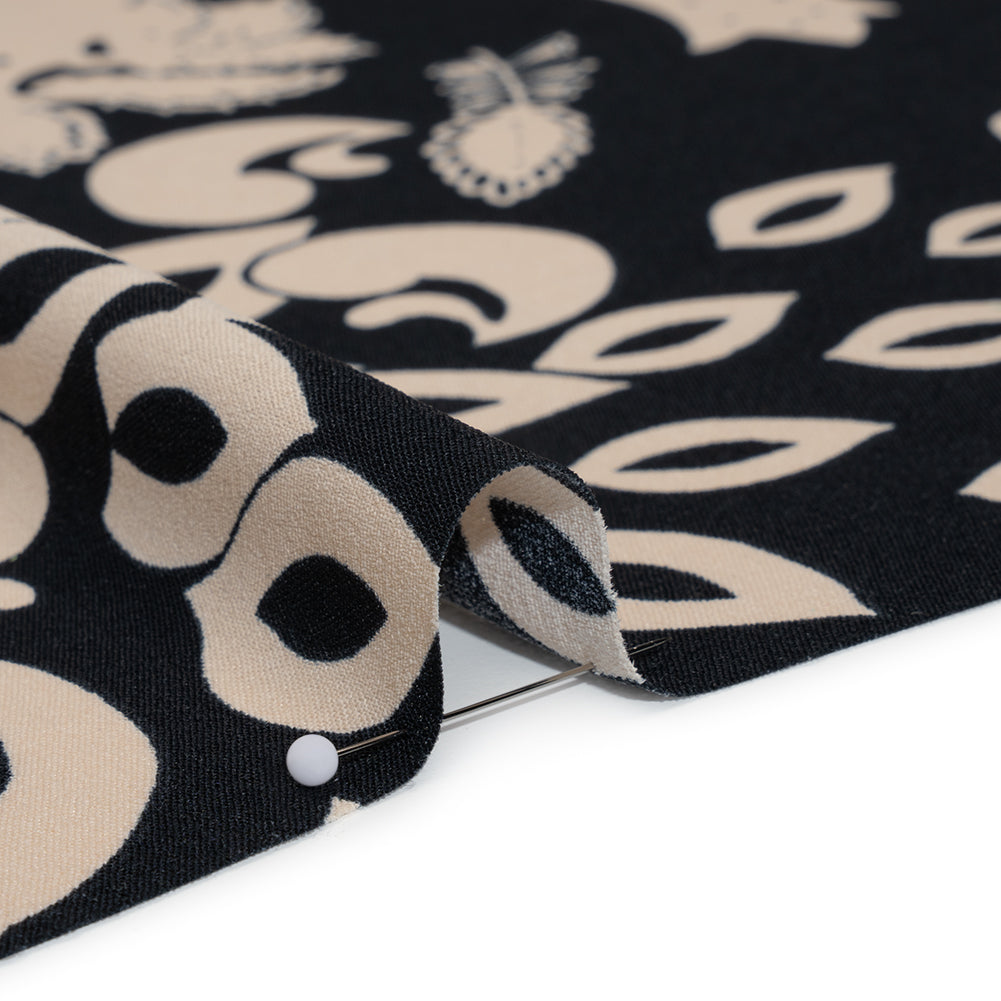Polyester Crepe Print - Black and Beige Paisley - Designer Deadstock - Detail