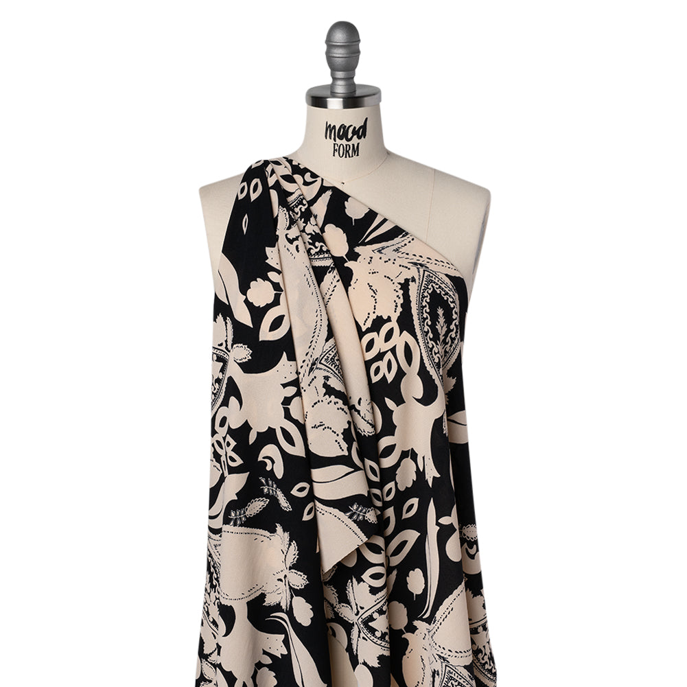 Polyester Crepe Print - Black and Beige Paisley - Designer Deadstock - Drape