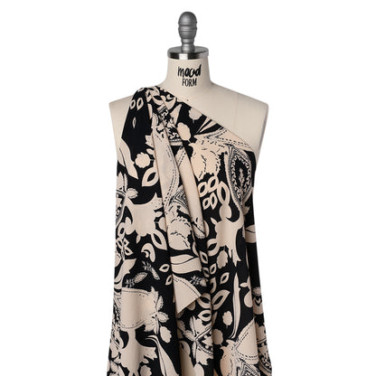 Polyester Crepe Print - Black and Beige Paisley - Designer Deadstock