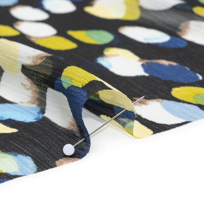 Crinkled Polyester Chiffon Print - Black, Blue and Yellow Abstract Spots - Designer Deadstock