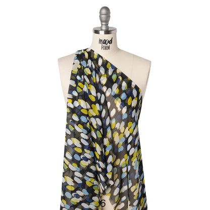 Crinkled Polyester Chiffon Print - Black, Blue and Yellow Abstract Spots - Designer Deadstock