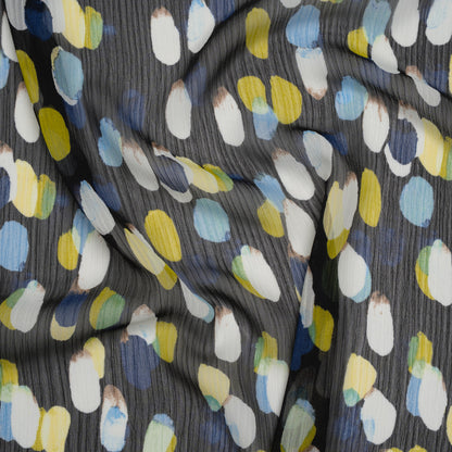 Crinkled Polyester Chiffon Print - Black, Blue and Yellow Abstract Spots - Designer Deadstock