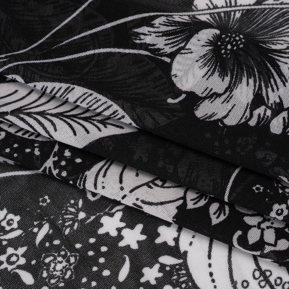 Polyester Stretch Mesh Print - Black and Ivory Floral - Designer Deadstock Folded