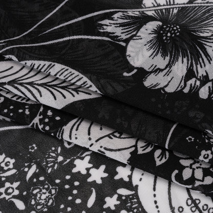 Polyester Stretch Mesh Print - Black and Ivory Floral - Designer Deadstock Folded