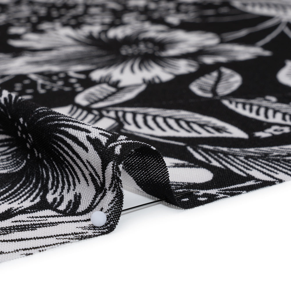 Polyester Stretch Mesh Print - Black and Ivory Floral - Designer Deadstock Detail