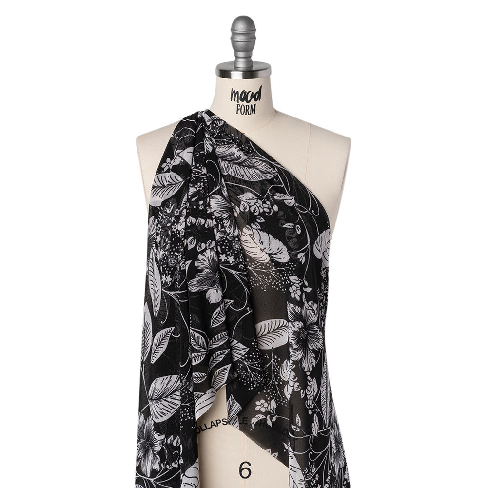 Polyester Stretch Mesh Print - Black and Ivory Floral - Designer Deadstock Drape