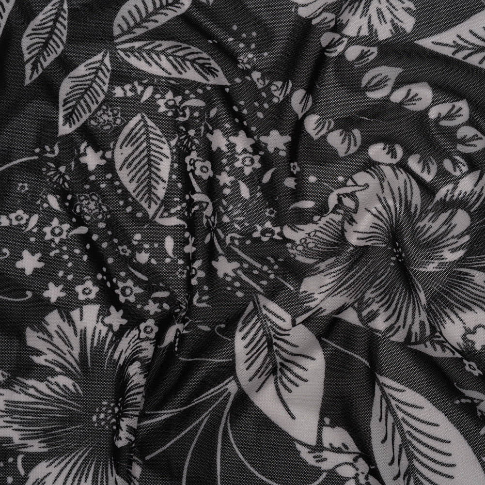 Polyester Stretch Mesh Print - Black and Ivory Floral - Designer Deadstock