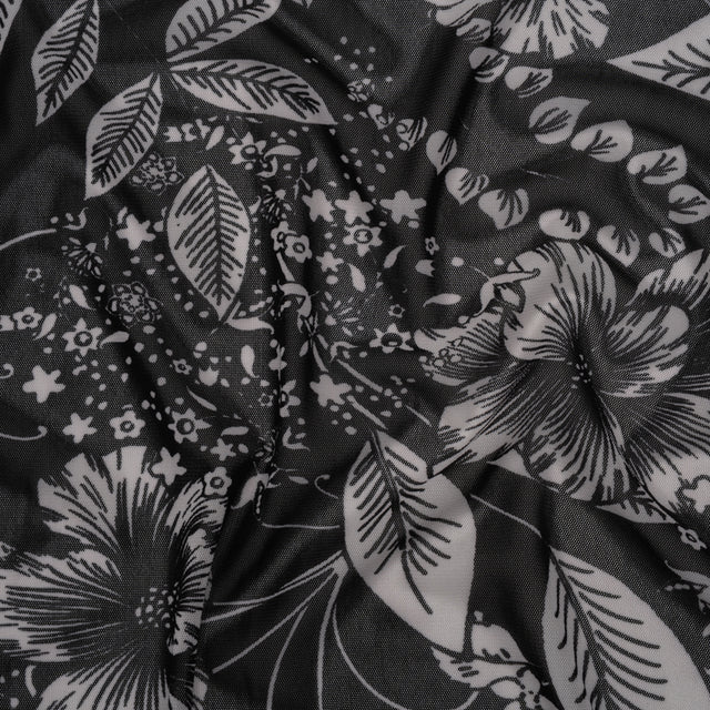 Polyester Stretch Mesh Print - Black and Ivory Floral - Designer Deadstock