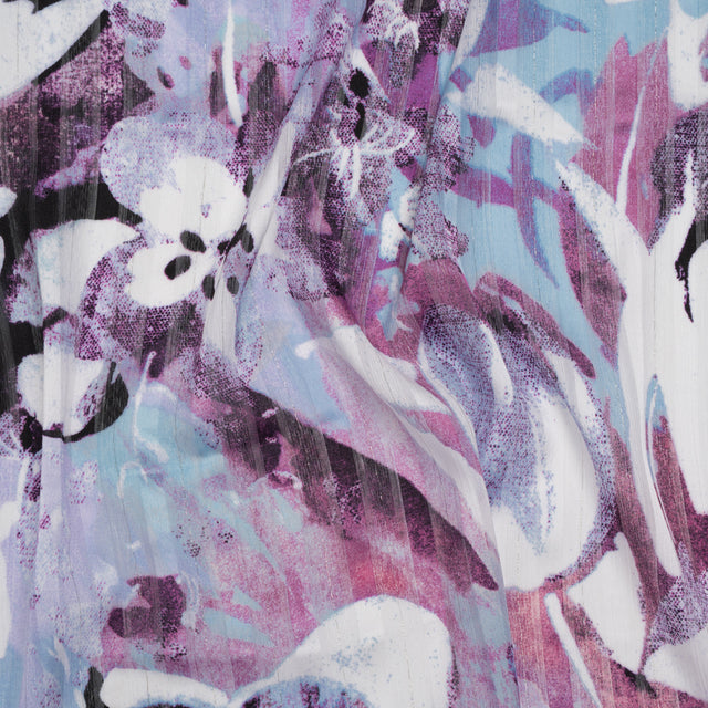 Polyester Satin-Striped Dobby with Metallic Pinstripes - Lavender, Sky Blue and Rose Abstract Florals - Designer Deadstock