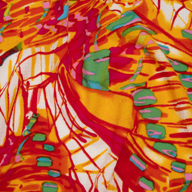 Puckered Stretch Polyester Woven - Hot Pink, Golden Yellow and Lime Green Abstracted Butterfly Wings - Designer Deadstock