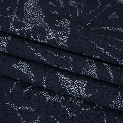 Puckered Polyester Jacquard Knit - Navy and Ivory Floral - Designer Deadstock