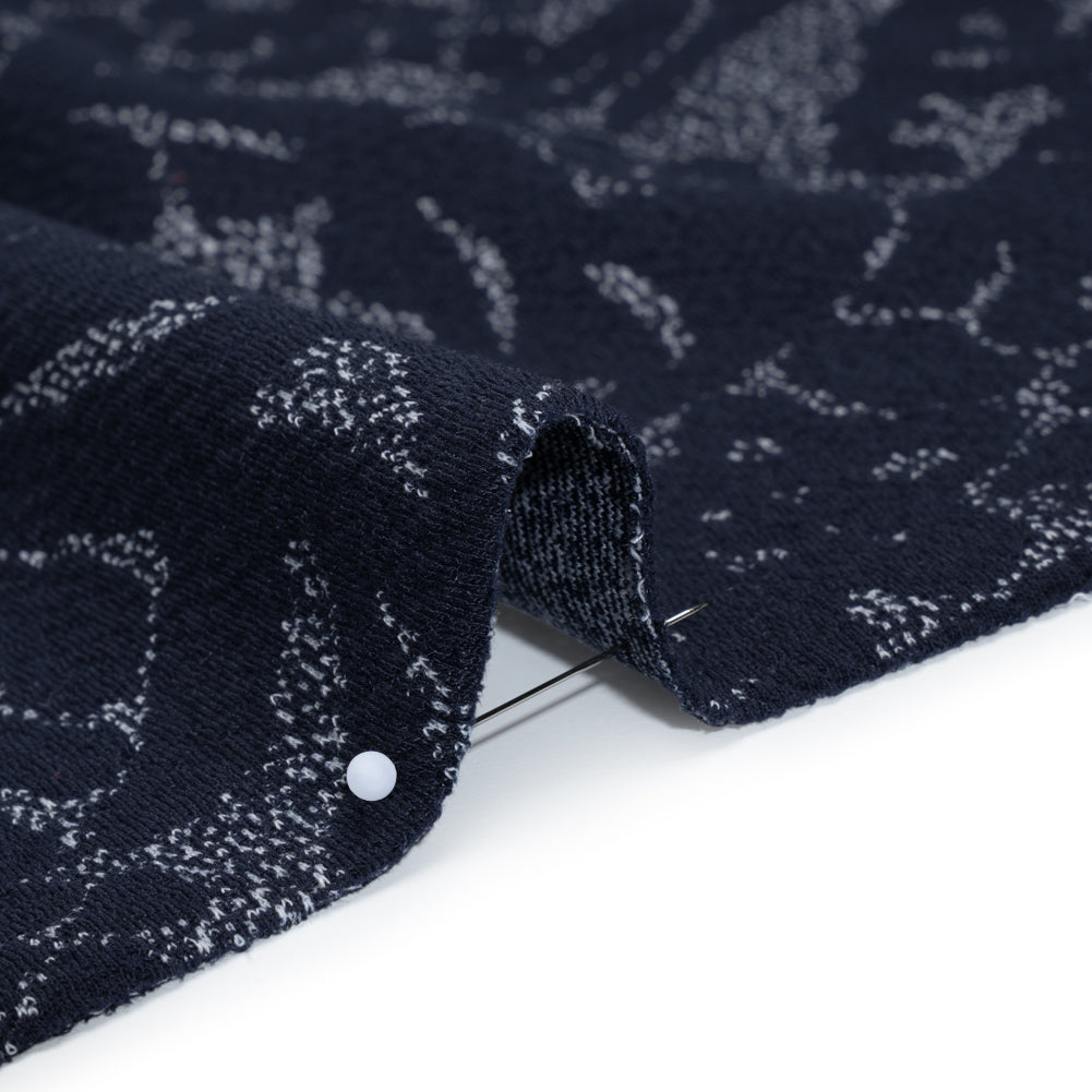 Puckered Polyester Jacquard Knit - Navy and Ivory Floral - Designer Deadstock - Detail