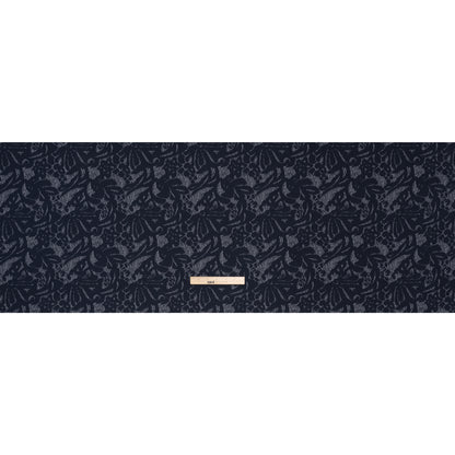 Puckered Polyester Jacquard Knit - Navy and Ivory Floral - Designer Deadstock