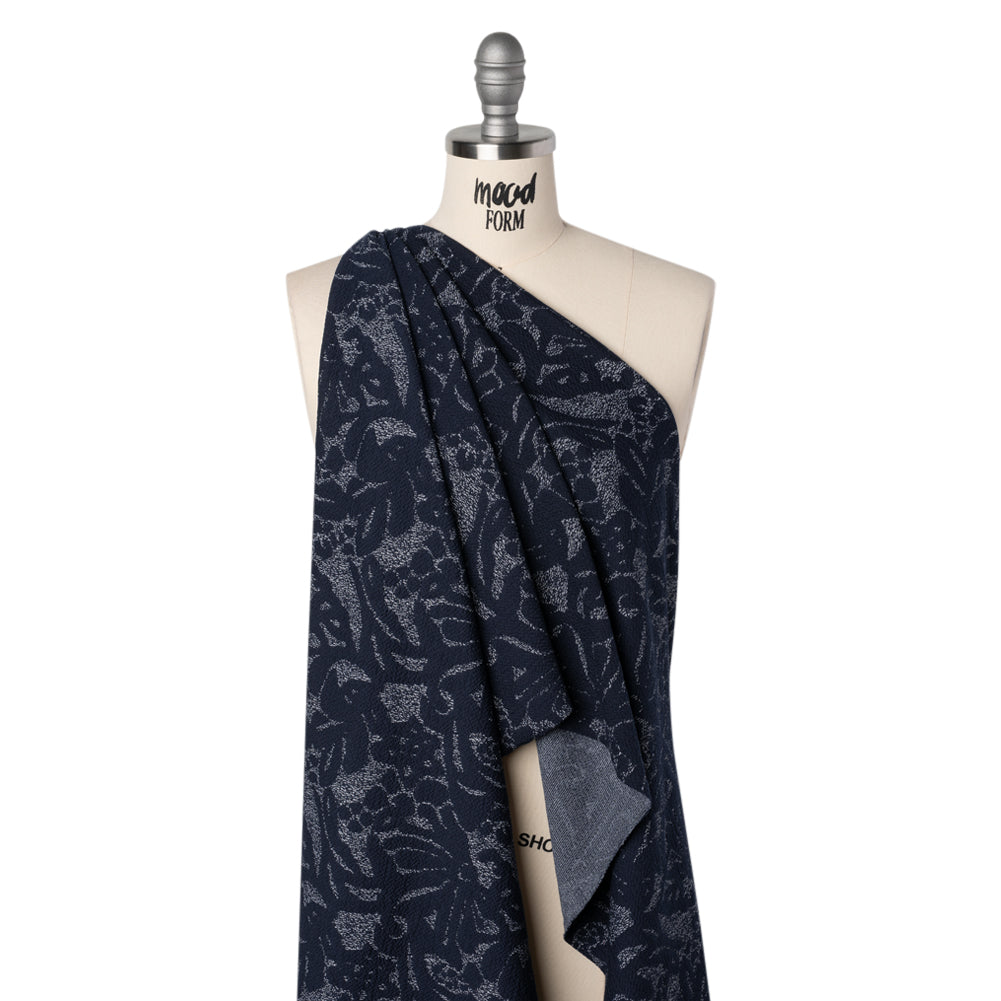 Puckered Polyester Jacquard Knit - Navy and Ivory Floral - Designer Deadstock - Drape