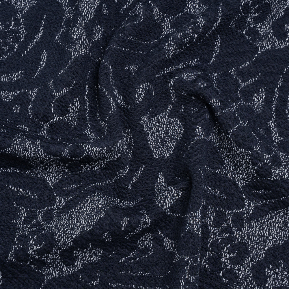 Puckered Polyester Jacquard Knit - Navy and Ivory Floral - Designer Deadstock