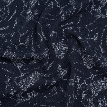 Puckered Polyester Jacquard Knit - Navy and Ivory Floral - Designer Deadstock