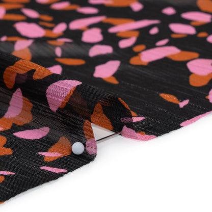 Polyester Chiffon with Metallic Gold Pinstripes - Black, Brown and Pink Abstract Spots - Designer Deadstock