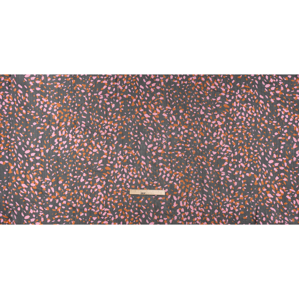 Polyester Chiffon with Metallic Gold Pinstripes - Black, Brown and Pink Abstract Spots - Designer Deadstock