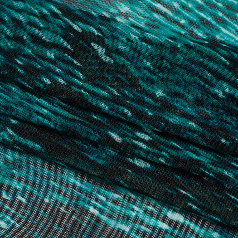 Stretch Polyester Mesh - Teal, Black and Blue Abstract Streaks - Designer Deadstock
