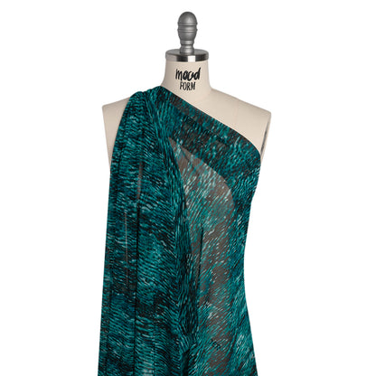 Stretch Polyester Mesh - Teal, Black and Blue Abstract Streaks - Designer Deadstock