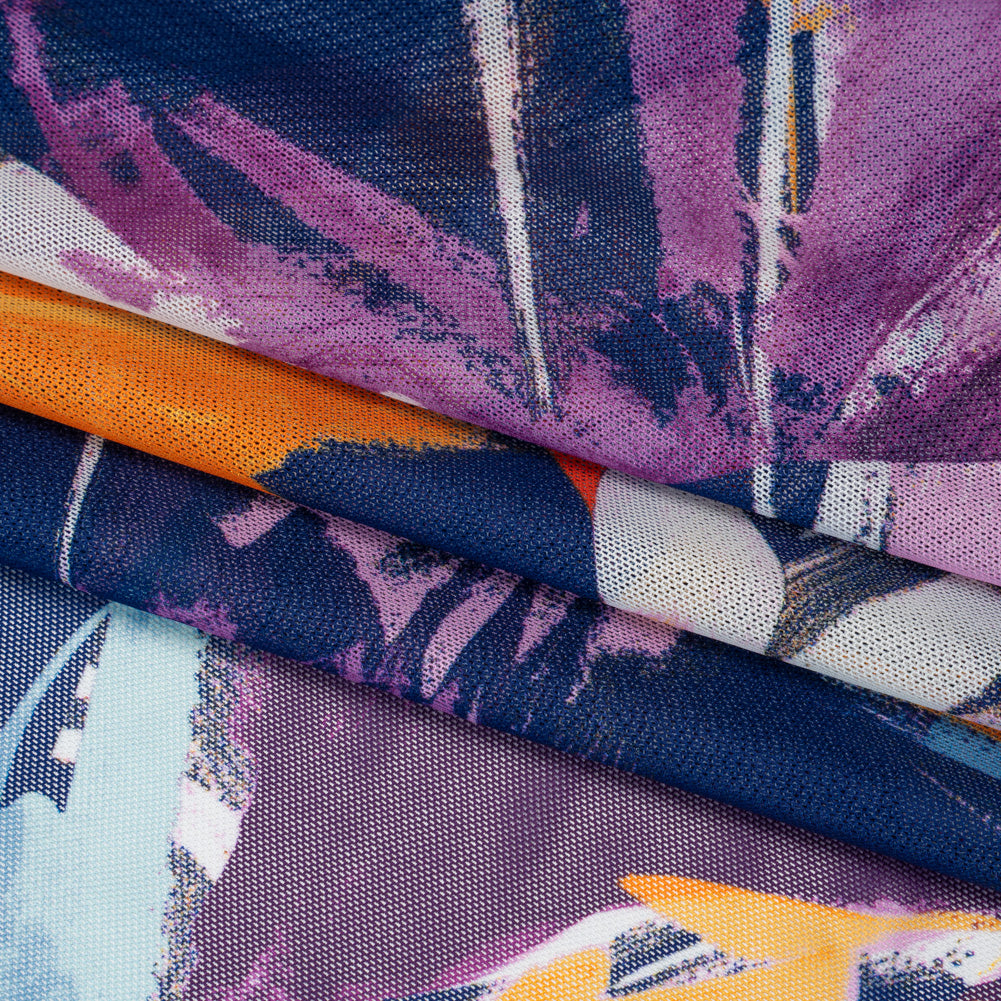 Stretch Polyester Mesh Print - Navy, Plum and Orange Painterly Floral - Designer Deadstock Folded