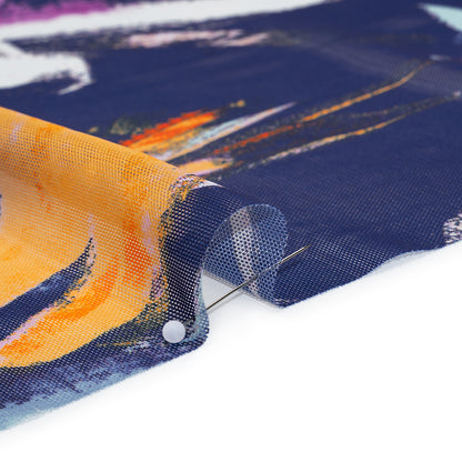 Stretch Polyester Mesh Print - Navy, Plum and Orange Painterly Floral - Designer Deadstock Detail