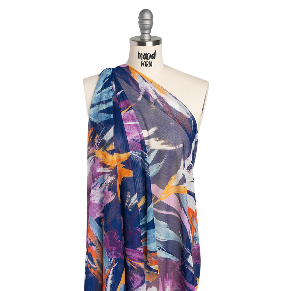 Stretch Polyester Mesh Print - Navy, Plum and Orange Painterly Floral - Designer Deadstock Drape