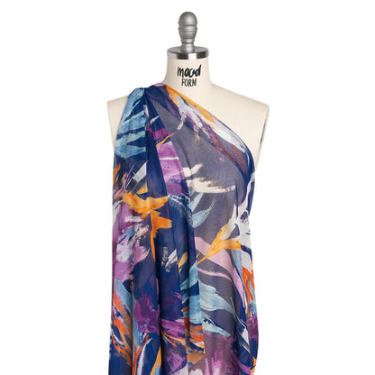 Stretch Polyester Mesh Print - Navy, Plum and Orange Painterly Floral - Designer Deadstock Drape