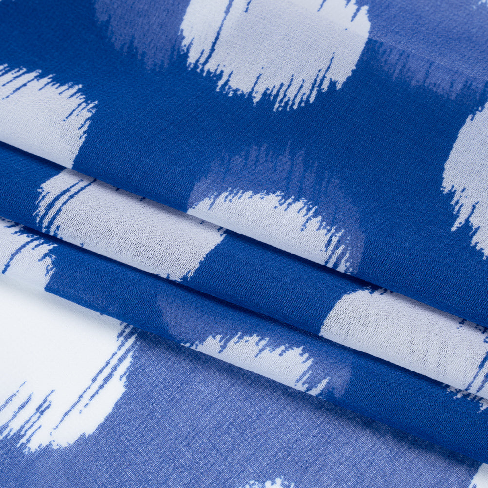 Polyester Chiffon - Cobalt Blue and White Brushed Polka Dots - Designer Deadstock