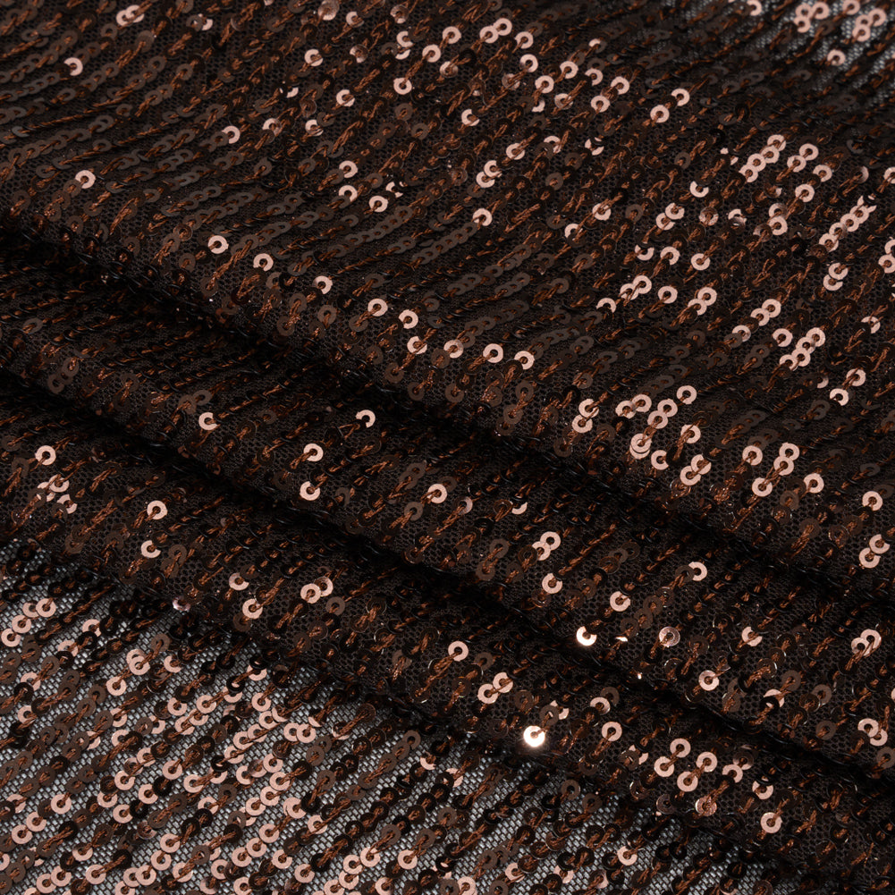 Baby Sequins on Stretch Polyester Mesh - Chocolate Brown Stripes - Designer Deadstock Folded