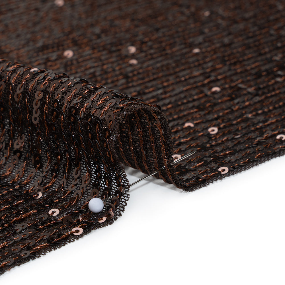 Baby Sequins on Stretch Polyester Mesh - Chocolate Brown Stripes - Designer Deadstock Detail