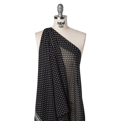 Polyester Chiffon Print - Black and White Polka Dots and Striped Border - Designer Deadstock Folded