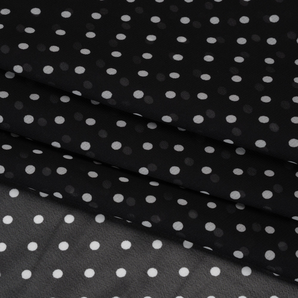 Polyester Chiffon Print - Black and White Polka Dots and Striped Border - Designer Deadstock Detail