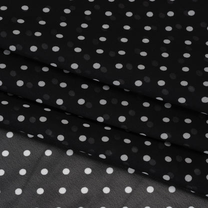 Polyester Chiffon Print - Black and White Polka Dots and Striped Border - Designer Deadstock Detail