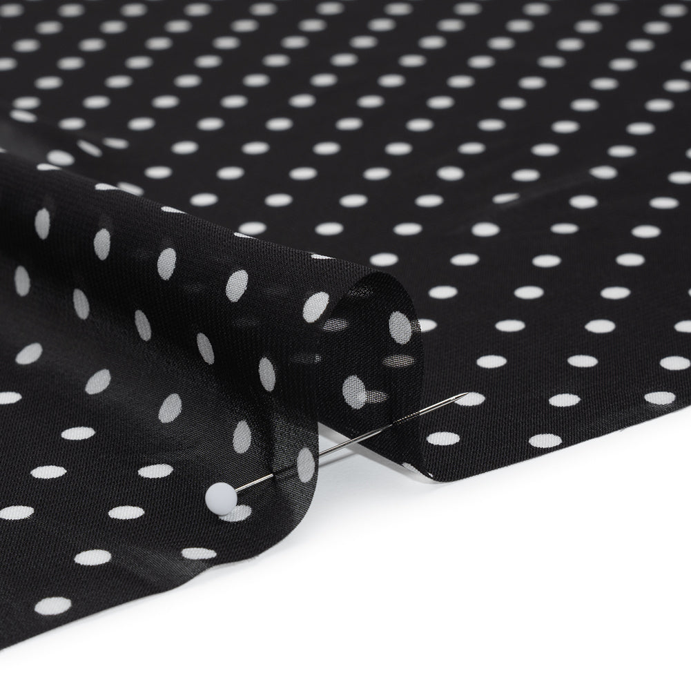 Polyester Chiffon Print - Black and White Polka Dots and Striped Border - Designer Deadstock Full