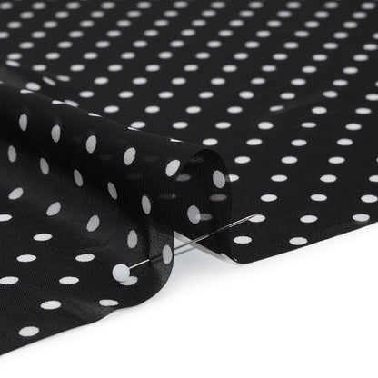 Polyester Chiffon Print - Black and White Polka Dots and Striped Border - Designer Deadstock Full