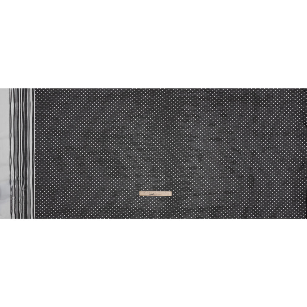 Polyester Chiffon Print - Black and White Polka Dots and Striped Border - Designer Deadstock