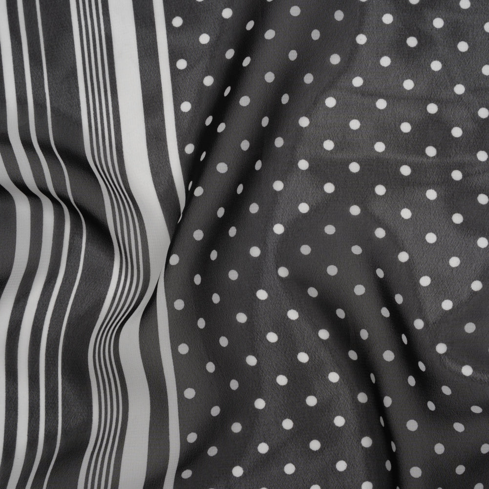 Polyester Chiffon Print - Black and White Polka Dots and Striped Border - Designer Deadstock Drape