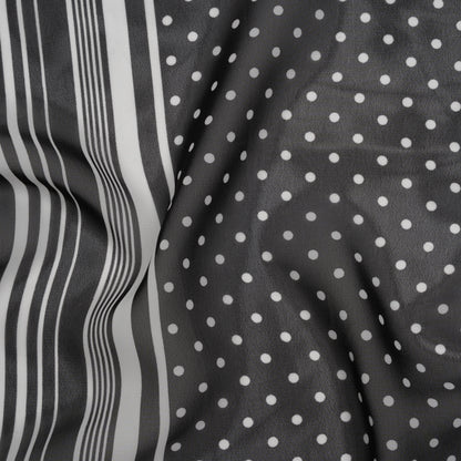 Polyester Chiffon Print - Black and White Polka Dots and Striped Border - Designer Deadstock Drape