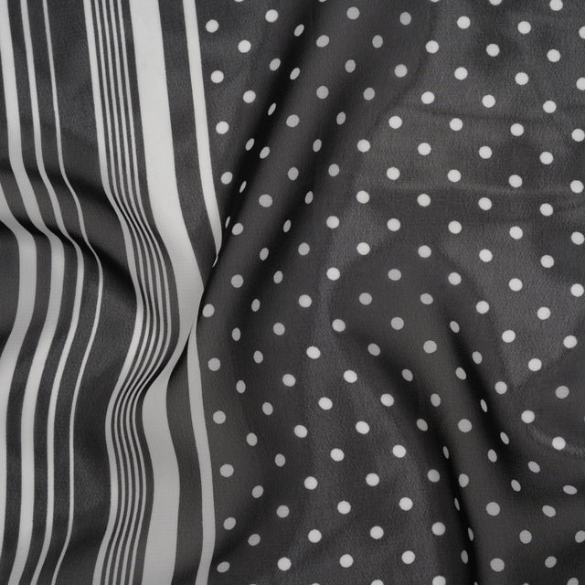 Polyester Chiffon Print - Black and White Polka Dots and Striped Border - Designer Deadstock Drape