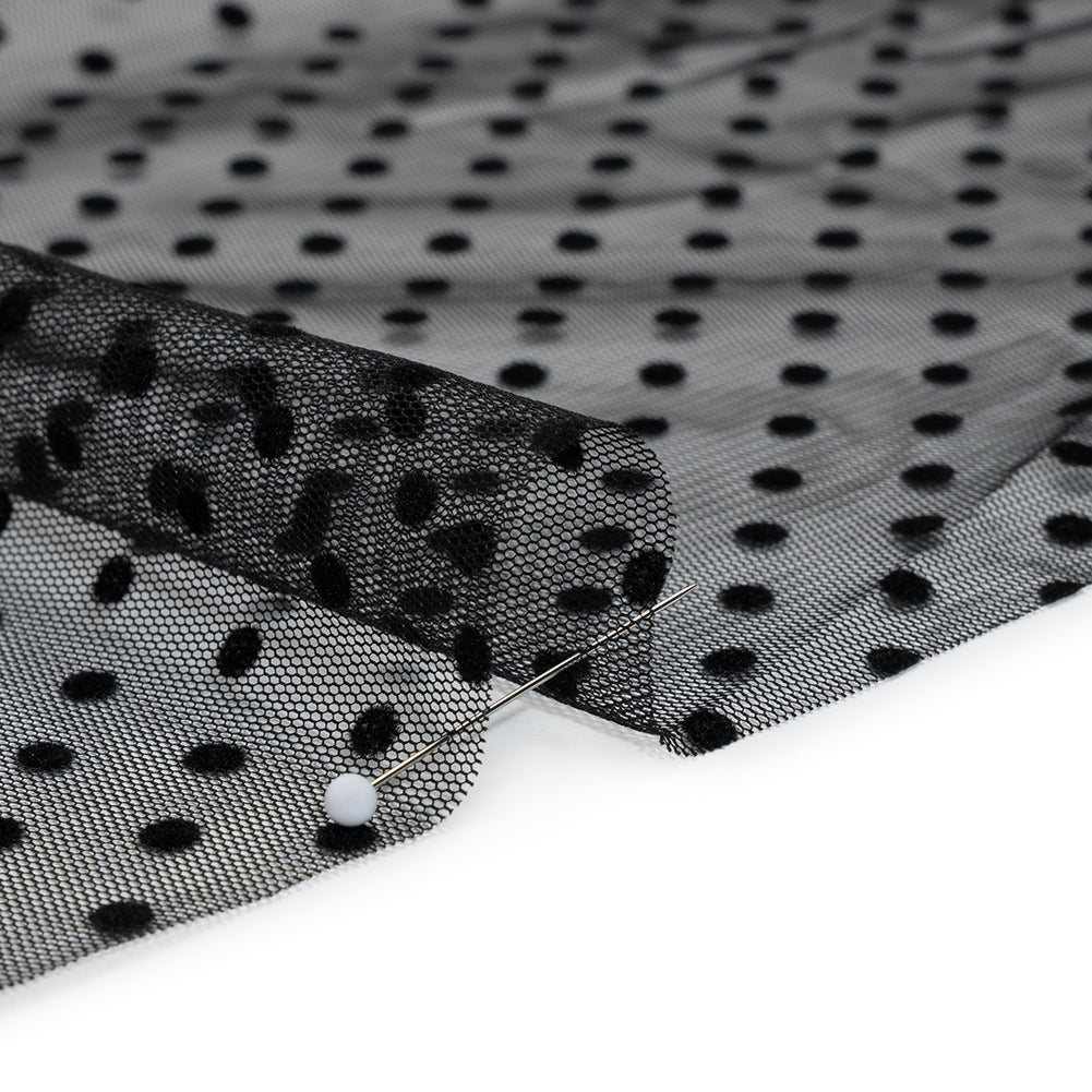 Polyester Tulle with Flocked Polka Dots - Black - Designer Deadstock