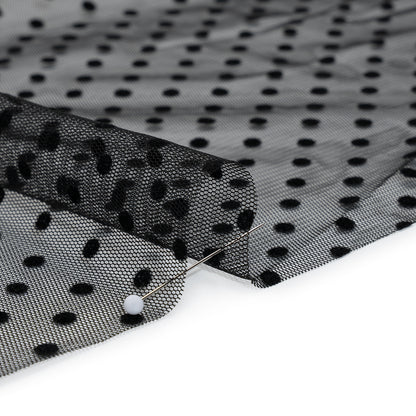 Polyester Tulle with Flocked Polka Dots - Black - Designer Deadstock