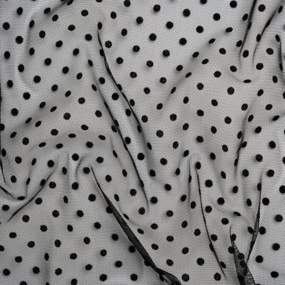 Polyester Tulle with Flocked Polka Dots - Black - Designer Deadstock
