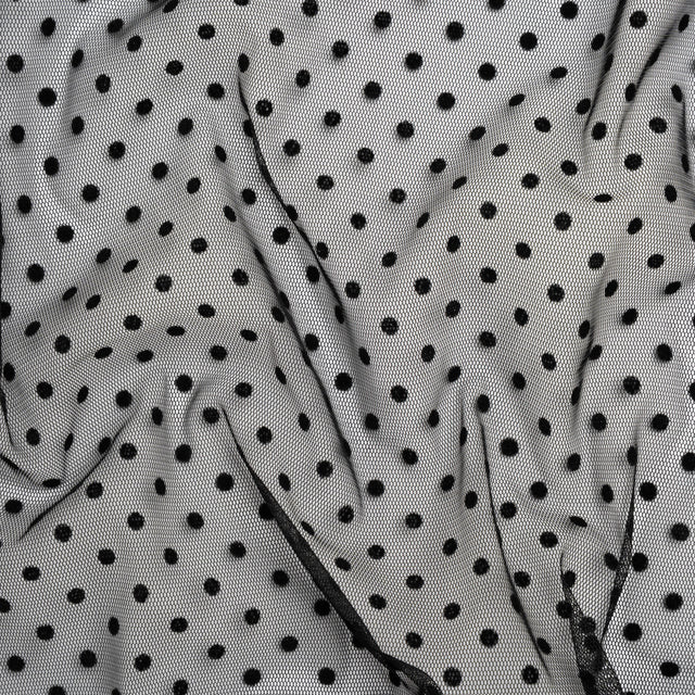 Polyester Tulle with Flocked Polka Dots - Black - Designer Deadstock