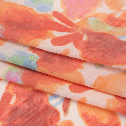 Slubbed Gauzy Rayon and Polyester Woven Print - Papaya Orange, Red and Green Floral - Designer Deadstock