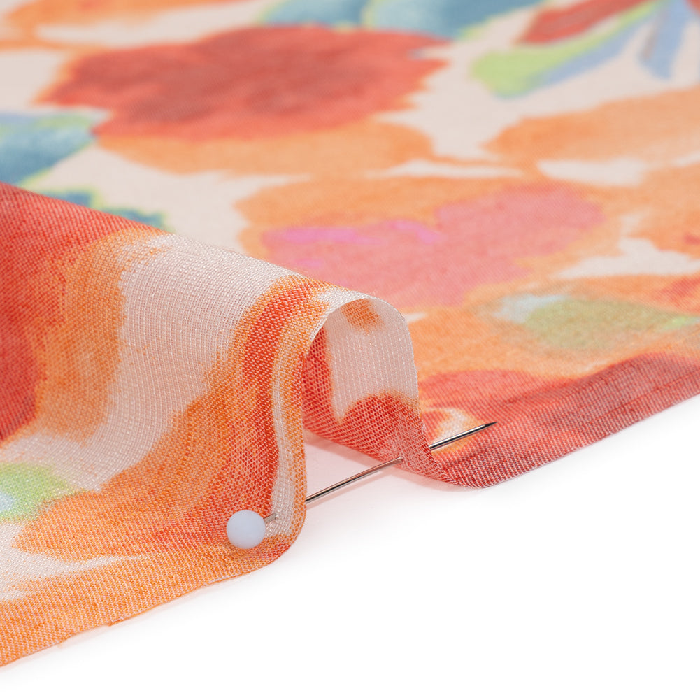 Slubbed Gauzy Rayon and Polyester Woven Print - Papaya Orange, Red and Green Floral - Designer Deadstock