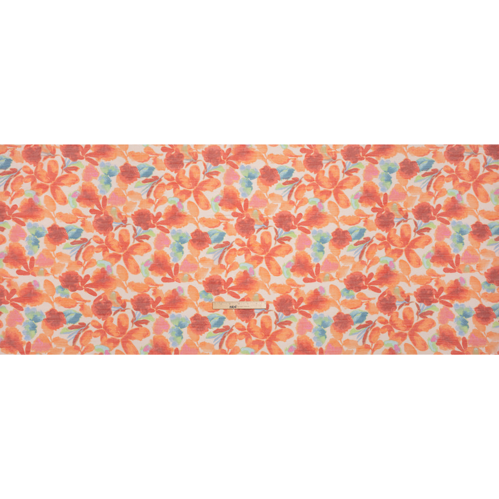 Slubbed Gauzy Rayon and Polyester Woven Print - Papaya Orange, Red and Green Floral - Designer Deadstock