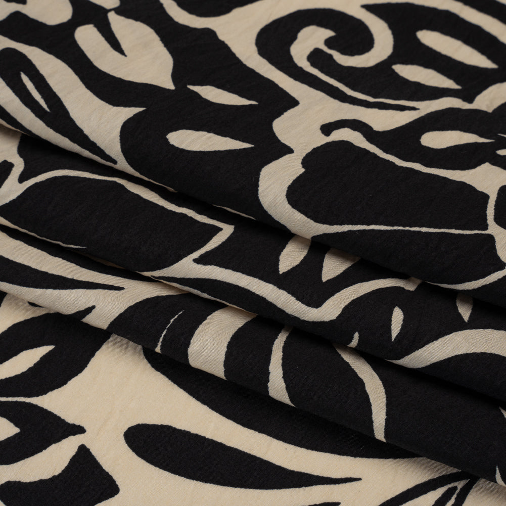 Crinkled Rayon Blend Woven Print - Black and Beige Floral - Designer Deadstock