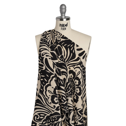 Crinkled Rayon Blend Woven Print - Black and Beige Floral - Designer Deadstock
